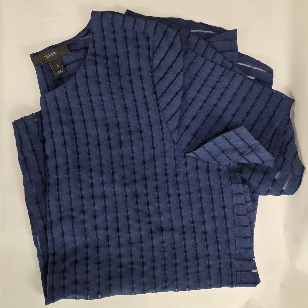 J Crew Flattering Sheer Blue Mixed Media Stripes zip back top size 8